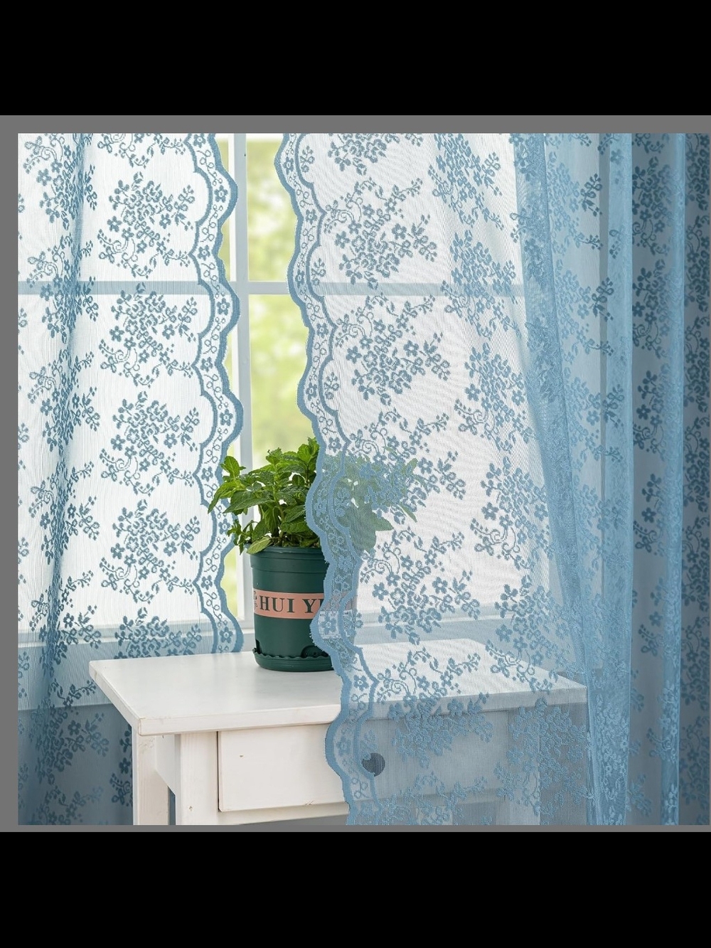 2 Sheer Lace Floral Window Curtain Panels in Light Blue - Cottagecore